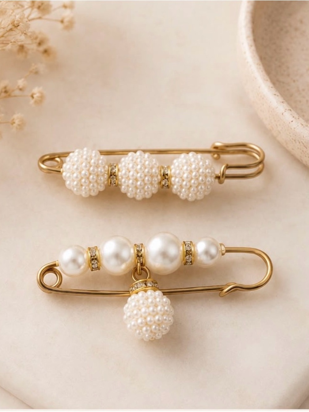 Pearl Cluster Gold Safety Pin Brooch Set